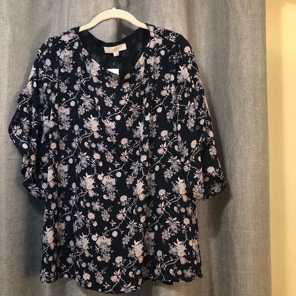 Loft - Ruffle Sleeve Mixed-Media Blouse Size Large